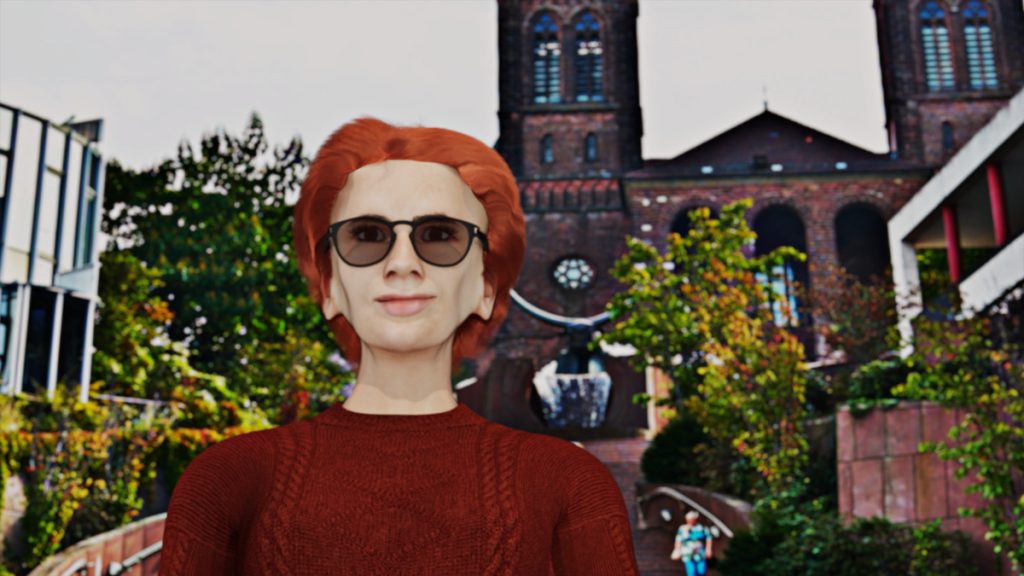 Ex-Terroristin Svetlana zeigt auf dem Schlossplatz in Pirmasens ihre neue Gleitsichtbrille