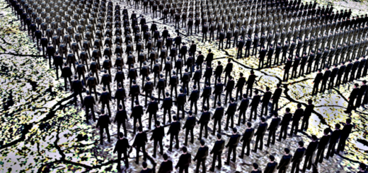 Männer stehen in Kolonnen auf einem Acker. Durchgreifen.